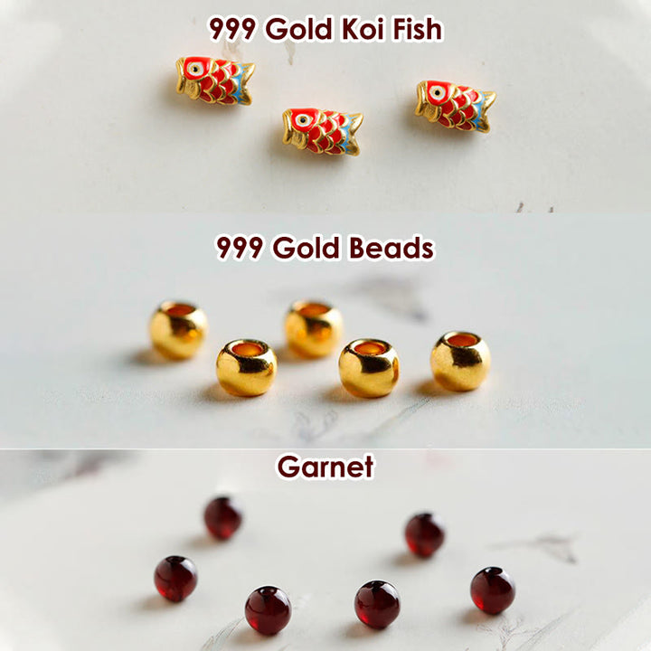 Braccialetto di protezione in granato naturale con pesce koi in oro 999 Buddha Stones