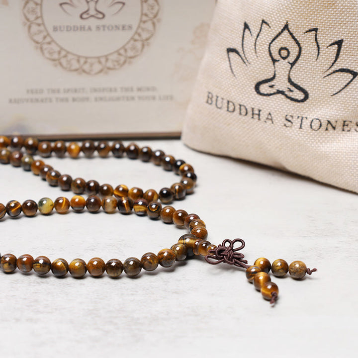 Buddha Stones Tibetano 108 Perle di Pietra Preghiera Occhio di Tigre Naturale Mala Bracciale Collana