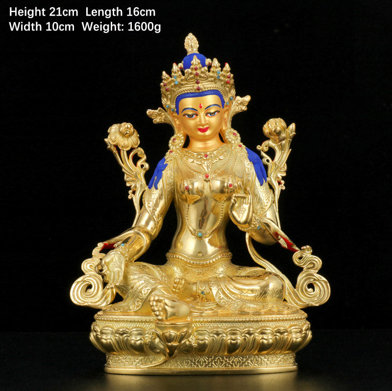 Decorazione statua in rame placcato oro Bodhisattva Tara verde protezione