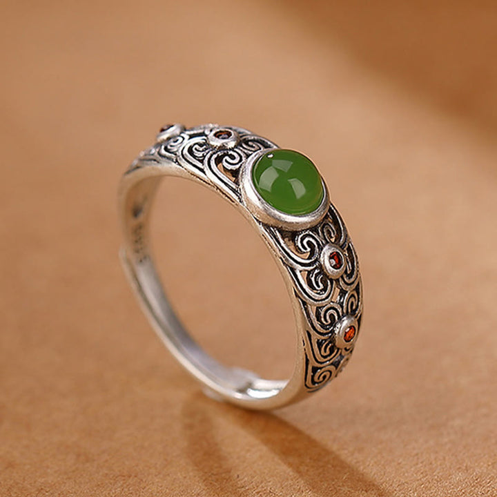 Anello regolabile in argento sterling 925 Buddha Stones e giada ciano Hetian Harmony
