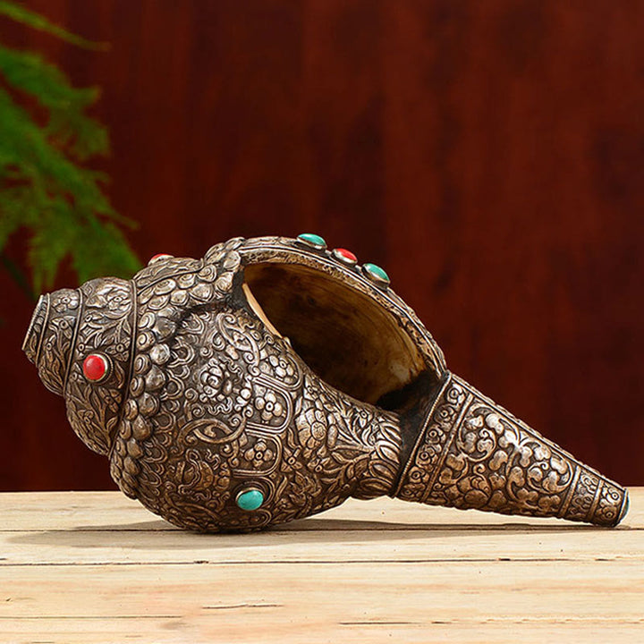 Tibetano fatto a mano naturale Shankha inciso otto simboli di buon auspicio conchiglia fortunata decorazione per la casa - image 3
