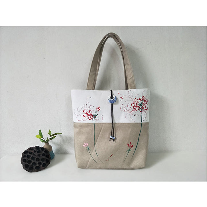 Borsa a tracolla grande capacità in tela con ricamo in bambù, prugna, fiore di pera, pesco