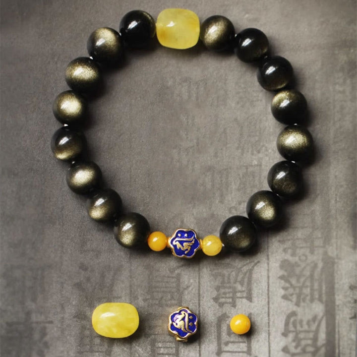 Bracciale Buddha Stones 925 Sterling Silver Zodiaco Cinese Buddha Natale Naturale Oro Lucentezza Ossidiana Ambra Protezione Ricchezza - image 6