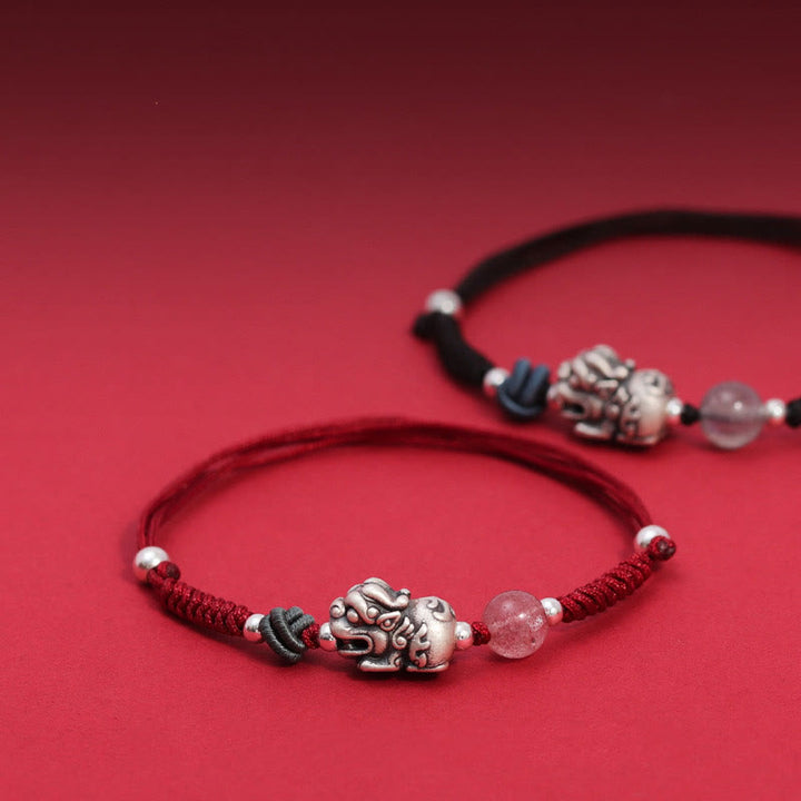 Bracciale intrecciato Buddha Stones 999 Sterling Silver PiXiu Strawberry Quartz Bead Wealth Luck