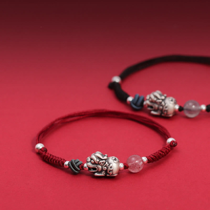 Bracciale intrecciato Buddha Stones 999 Sterling Silver PiXiu Strawberry Quartz Bead Wealth Luck - image 0