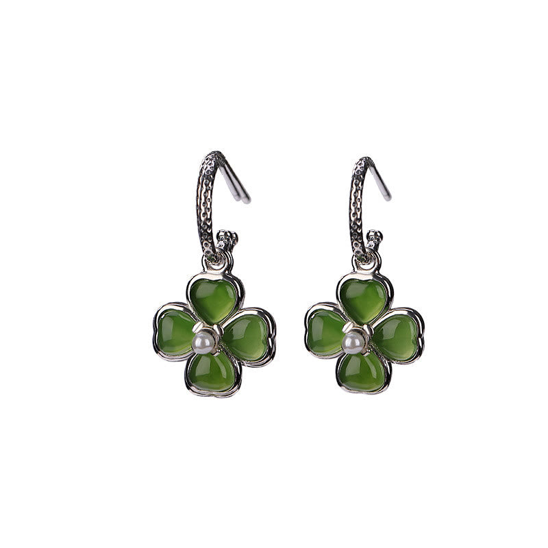 Orecchini Buddha Stones in argento sterling 925 con giada ciano naturale e quadrifoglio, fortuna e successo