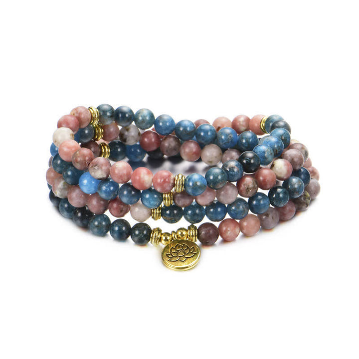 Buddha Stones Lazurite Picasso Jasper Amazzonite Rodonite Apatite Braccialetto di perline di preghiera di loto positivo