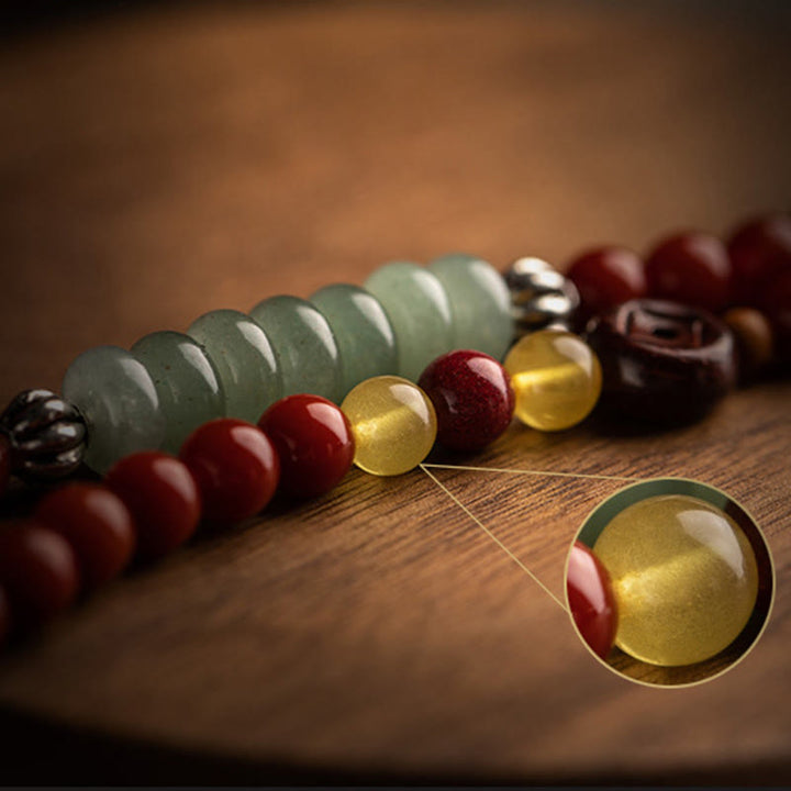 Buddha Stones Zodiaco cinese Buddha natale Agata rossa Piccola foglia Sandalo rosso Cinabro Amuleto Benedizione Bracciale a doppio giro
