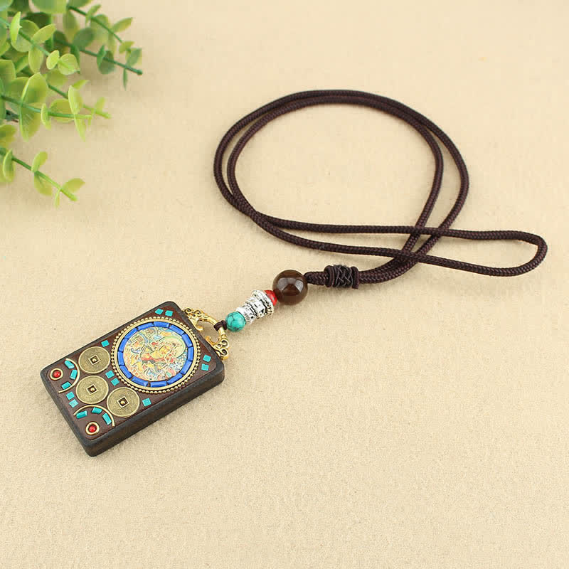 Buddha Stones Tibet Dio della Ricchezza Thangka Ebano Collana Pendente della Pace