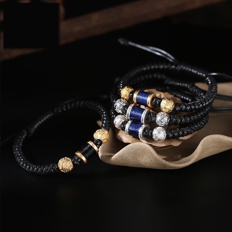 Braccialetto in corda intrecciata con perline di rame in argento sterling 999 Buddha Stones