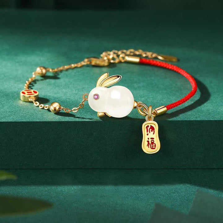 Braccialetto a catena con cordino rosso della felicità in giada bianca dell'anno del coniglio Buddha Stones