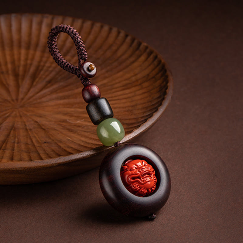 Buddha Stones Tibet Om Mani Padme Hum PiXiu Moneta di rame Piccola foglia Sandalo rosso Cinabro Protezione Portachiavi