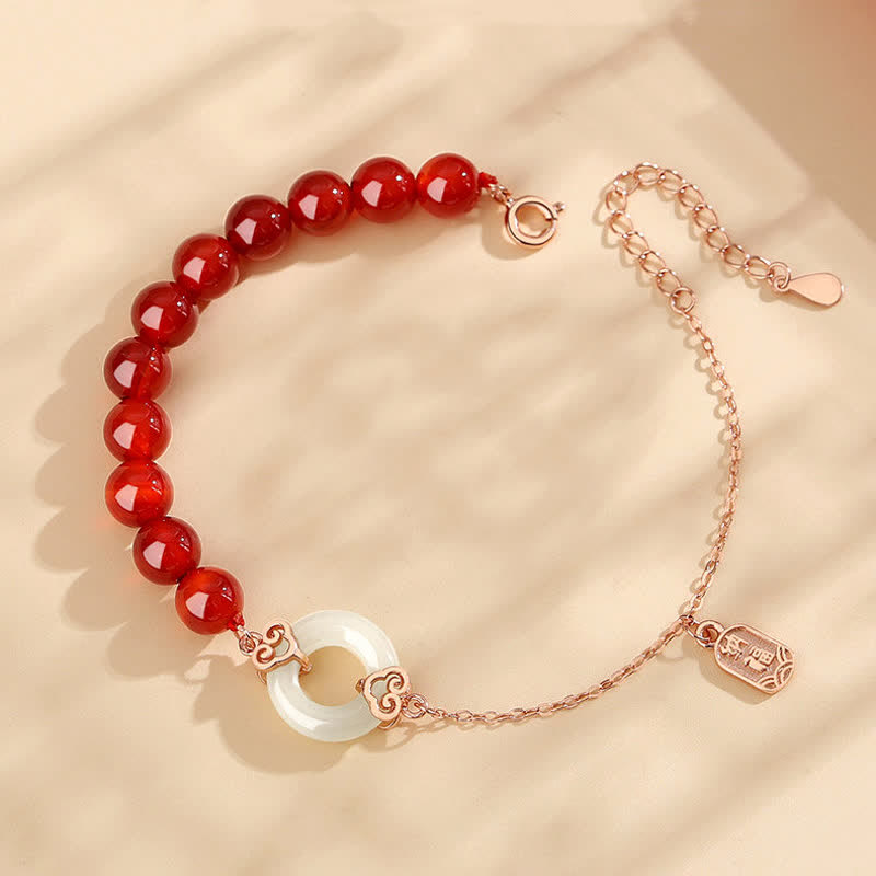 Bracciale Buddha Stones 925 Sterling Silver Agata rossa naturale Giada bianca Fibbia della pace Braccialetto di fiducia