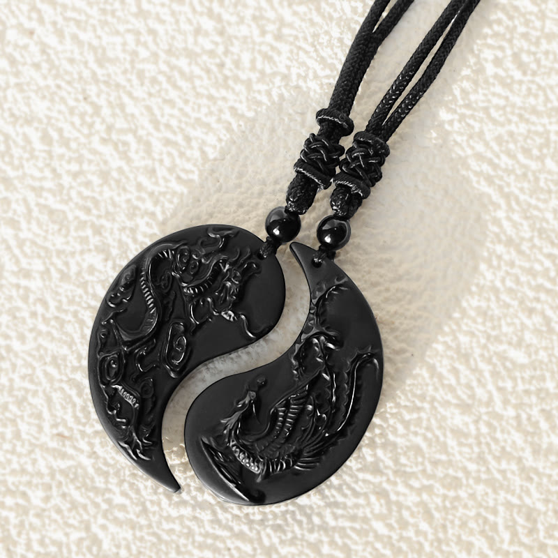 Buddha Stones Ossidiana nera Yin Yang Drago Fenice Collana pendente fortuna - image 6
