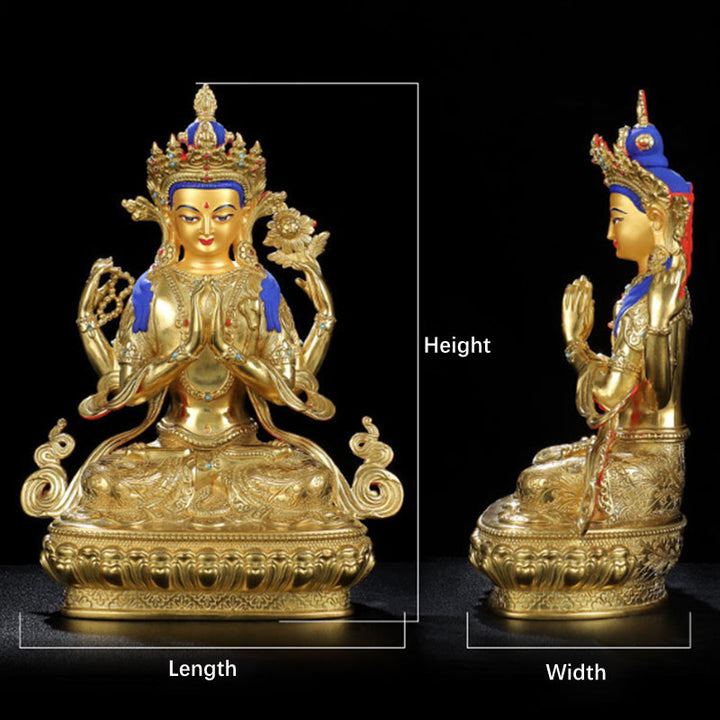 Statua di protezione di Avalokitesvara a quattro braccia di Chenrezig, placcata in oro e rame