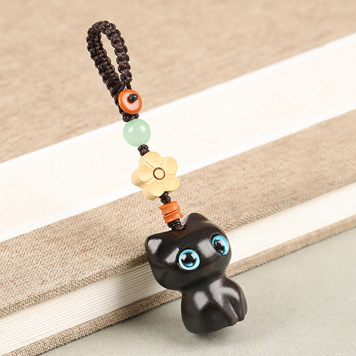 Buddha Stones Mini Piccola Foglia Sandalo Rosso Legno di Ebano Gatto Fortunato Adorabile Gattino Pace Portachiavi Telefono Appeso Decorazione - Portachiavi - Gatto d'ebano - image 3