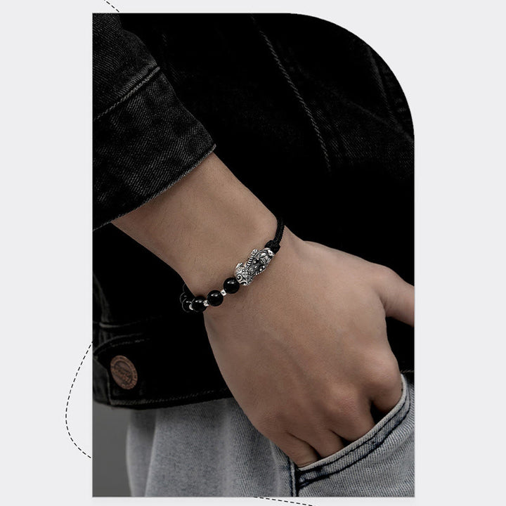 Buddha Stones 999 Sterling Silver FengShui PiXiu Ossidiana nera naturale 925 Sterling Silver Bead Strength Bracciale - image 6