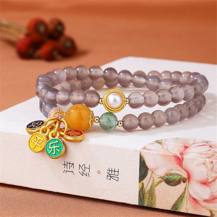 Braccialetto doppio giro Buddha Stones Natural Grey Agate Peace And Joy Charm Balance