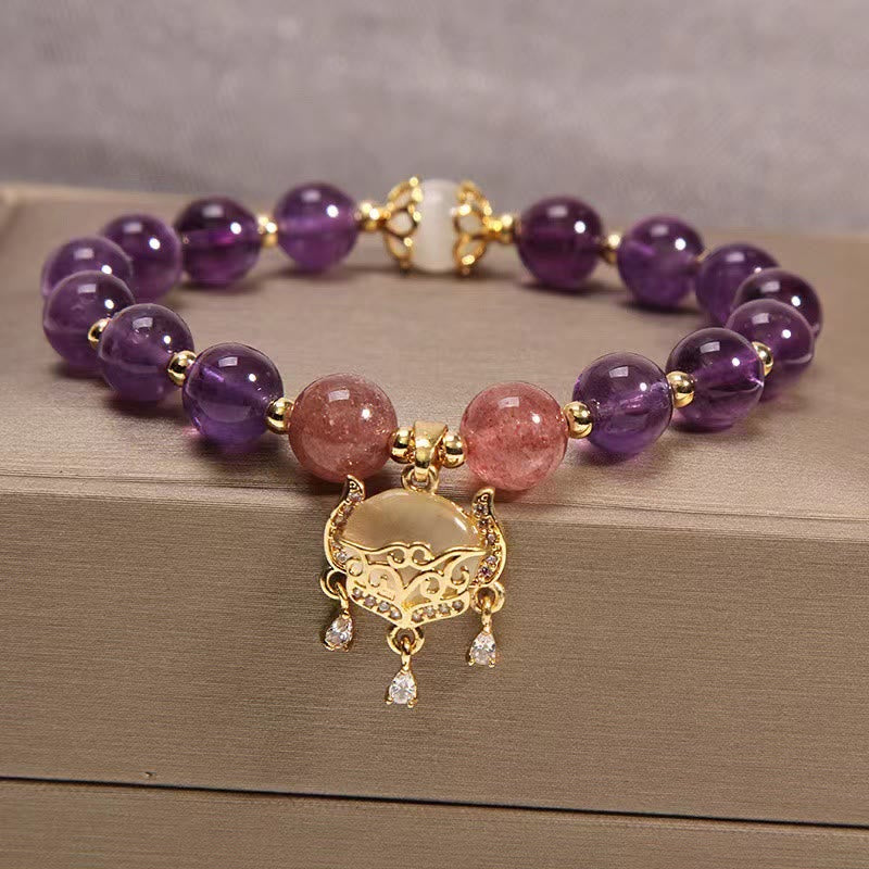 Braccialetto di guarigione con ciondolo cinese a forma di occhio di gatto, ametista naturale, quarzo fragola e Buddha Stones - Ametista, quarzo fragola e occhio di gatto - image 1