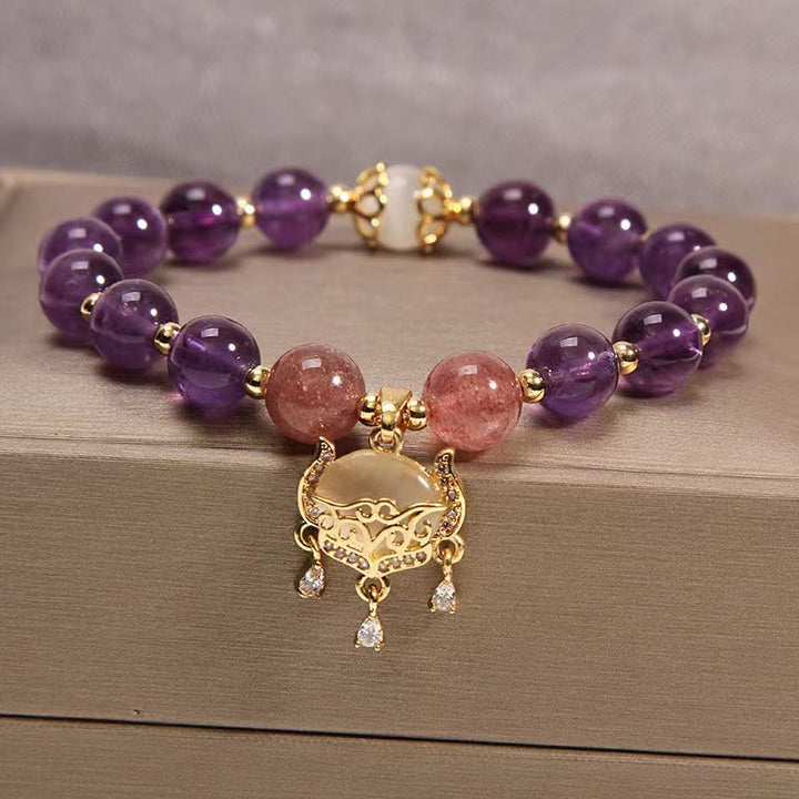 Braccialetto di guarigione con ciondolo cinese a forma di occhio di gatto, ametista naturale, quarzo fragola e Buddha Stones - Ametista, quarzo fragola e occhio di gatto - image 1