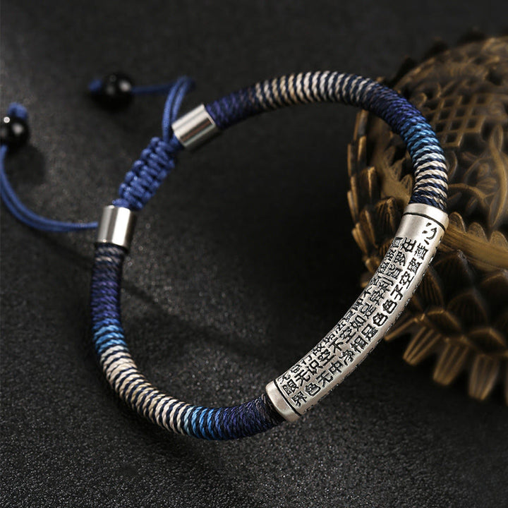 Braccialetto intrecciato fatto a mano con Buddha Stones in argento sterling 999 e cuore Sutra Calma