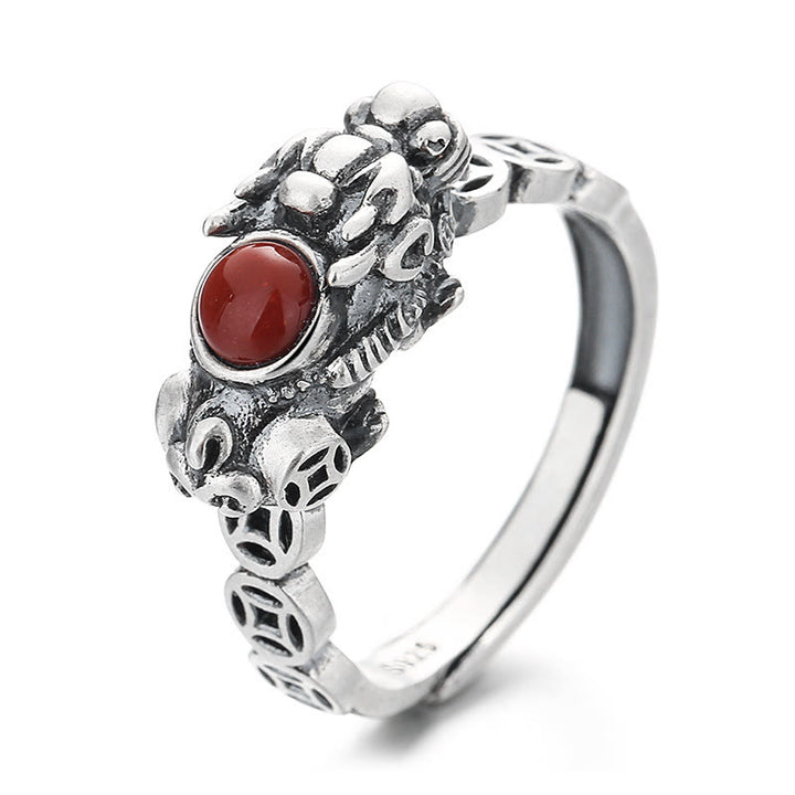 Buddha Stones PiXiu Moneta di rame Agata rossa Anello di fortuna e ricchezza