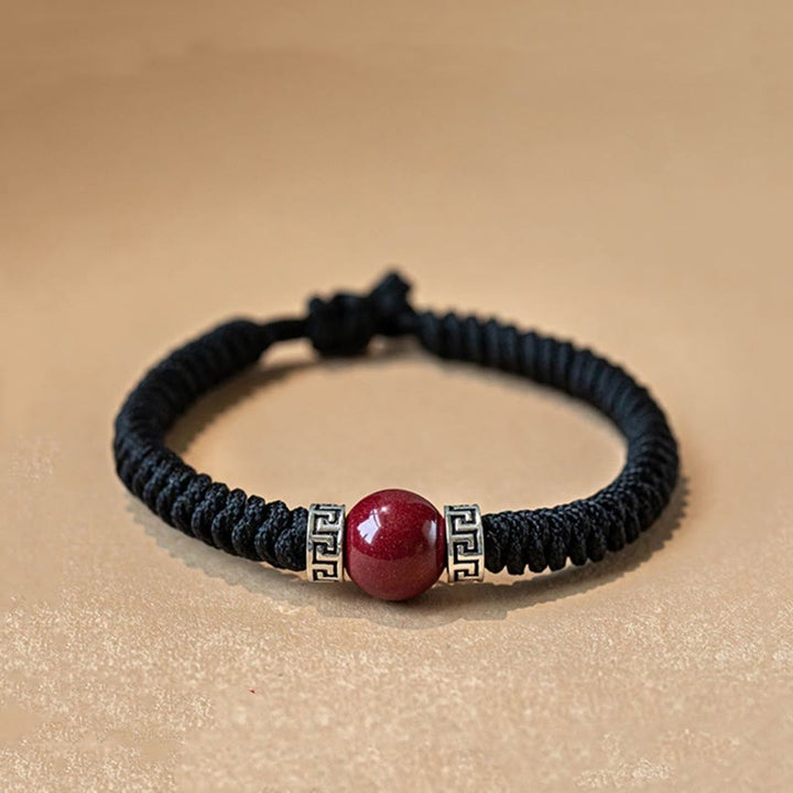 Braccialetto in corda intrecciata fatto a mano con perline di cinabro naturale in argento sterling 925 Buddha Stones