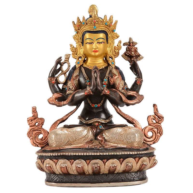 Statua di rame di protezione di Avalokitesvara a quattro braccia del Bodhisattva Chenrezig Decorazione