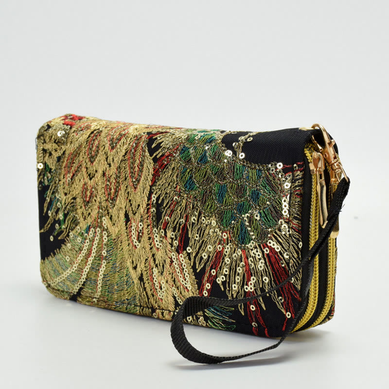 Portafoglio porta contanti con ricamo bifacciale Buddha Stones Peacock Shopping Purse