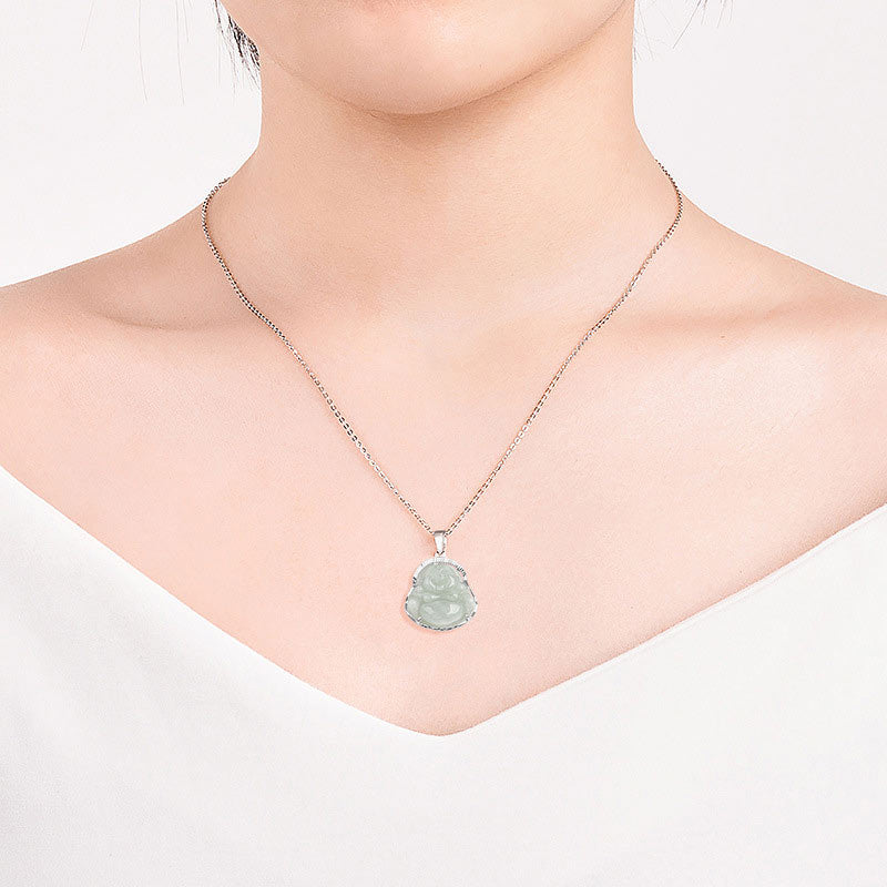Collana con Buddha Stones in argento sterling 925 con ciondolo a forma di Buddha che ride, in giada, con fortuna e calma - image 3
