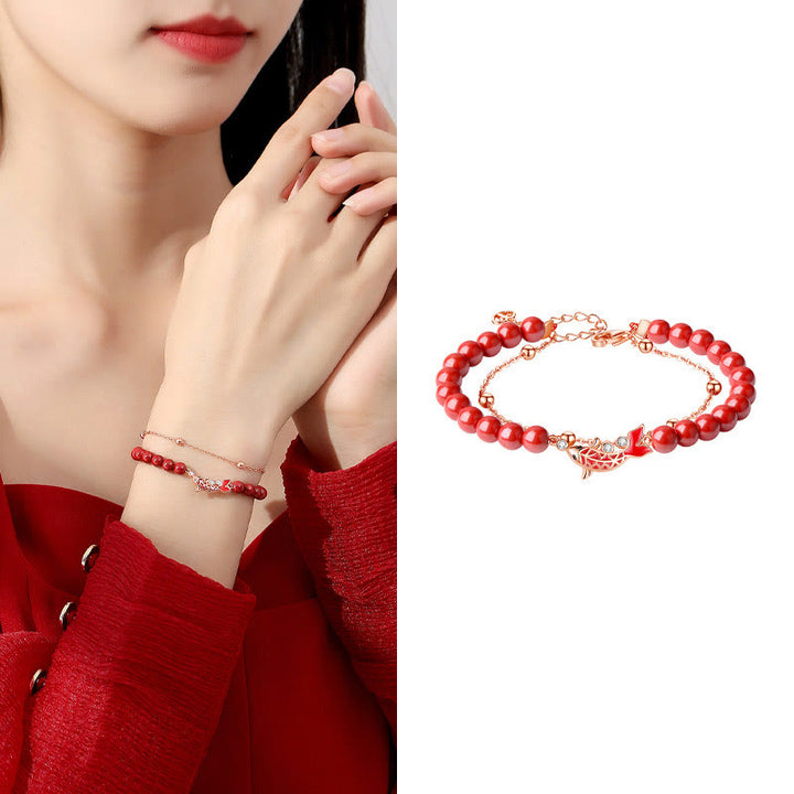 Bracciale a catena a doppio strato con zirconi e cinabro, in argento sterling 925, con pesce koi portafortuna, Buddha Stones