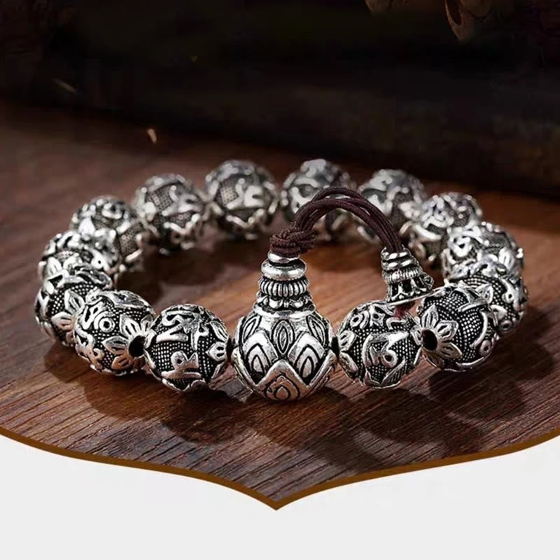 Braccialetto amuleto con perline in lega intagliata , Buddha Stones tibetane Om Mani Padme Hum