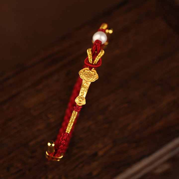 Buddha Stones 24K Oro Desiderio Ruyi Maniglia Fu Carattere Coniglio Perla Fortuna Bracciale Intrecciato - image 3