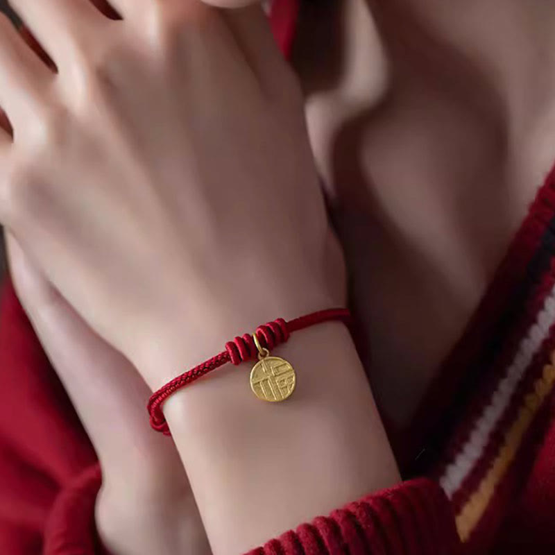 Braccialetto di corda rossa con ciondolo a forma di carattere Fu con nodo della pace a otto fili fatto a mano Buddha Stones