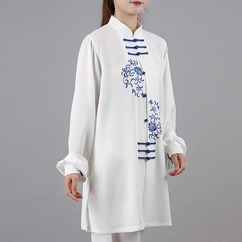 Buddha Stones Fiore Ricamo Meditazione Preghiera Spirituale Zen Tai Chi Qigong Pratica Set di Abbigliamento Unisex