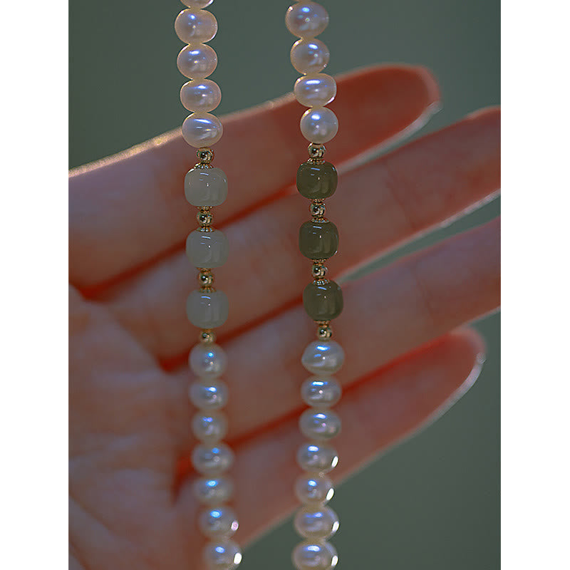 Braccialetto a catena con perle di sincerità in giada bianca e giada ciano di Hetian, placcato in oro 14K