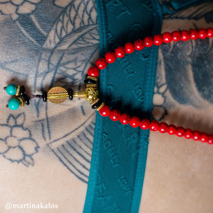 Buddha Stones Mala Tibetano Turchese Rosso Collana Fortunata Bracciale