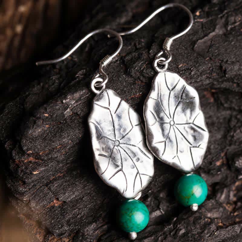 Orecchini pendenti con protezione a forma di foglia di loto turchese in argento sterling 925 Buddha Stones - image 1