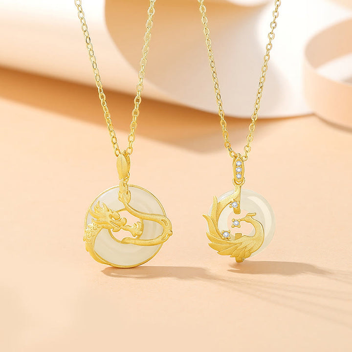 Buddha Stones Argento Sterling 925 Anno del Drago Giada Hetian Drago d'Oro Fenice Fibbia della Pace Collana con Pendente della Fortuna - image 0