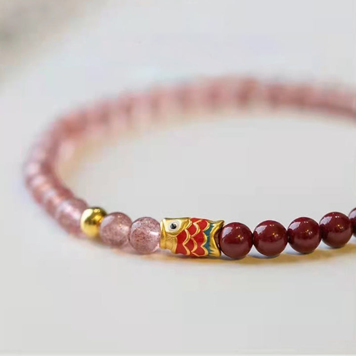 Braccialetto curativo con pesce koi portafortuna in quarzo fragola naturale cinabro Buddha Stones