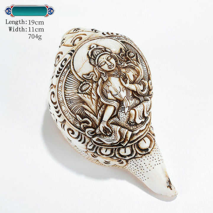 Decorazione di ricchezza di conchiglia di conchiglia di Avalokitesvara Buddha tibetano inciso a mano Shankha - Tara verde 19*11cm - image 16