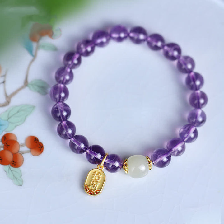 Braccialetto con ciondolo curativo in giada Hetian con cristallo di ametista naturale Buddha Stones