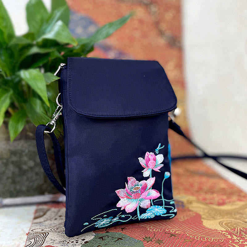 Borsa a tracolla con fiori di loto ricamati a mano, impermeabile , Buddha Stones , borsa per cellulare