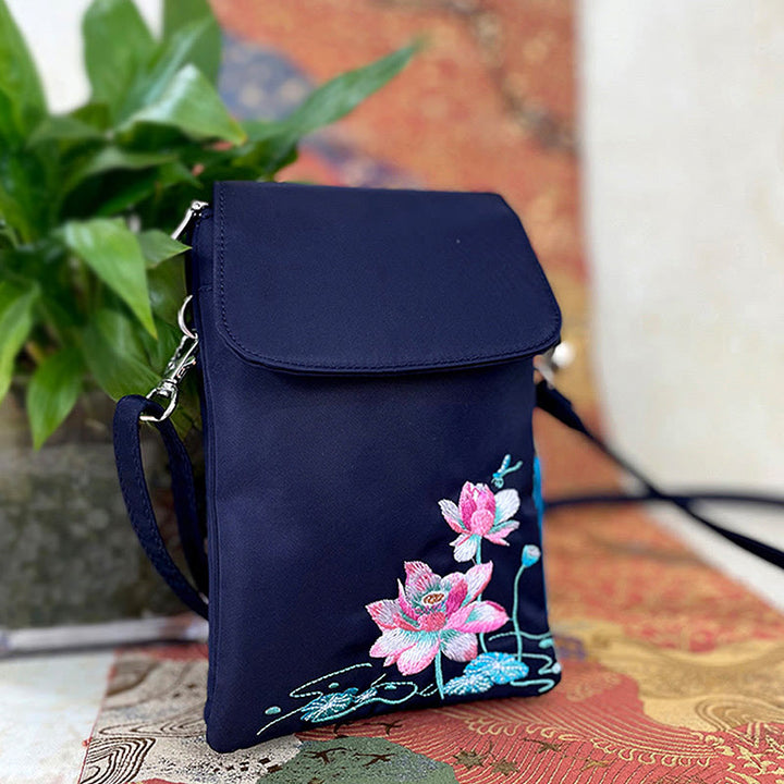 Borsa a tracolla con fiori di loto ricamati a mano, impermeabile , Buddha Stones , borsa per cellulare
