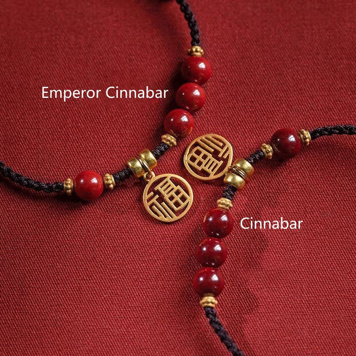 Braccialetto con corda intrecciata con Buddha Stones, perline di cinabro e carattere Fu