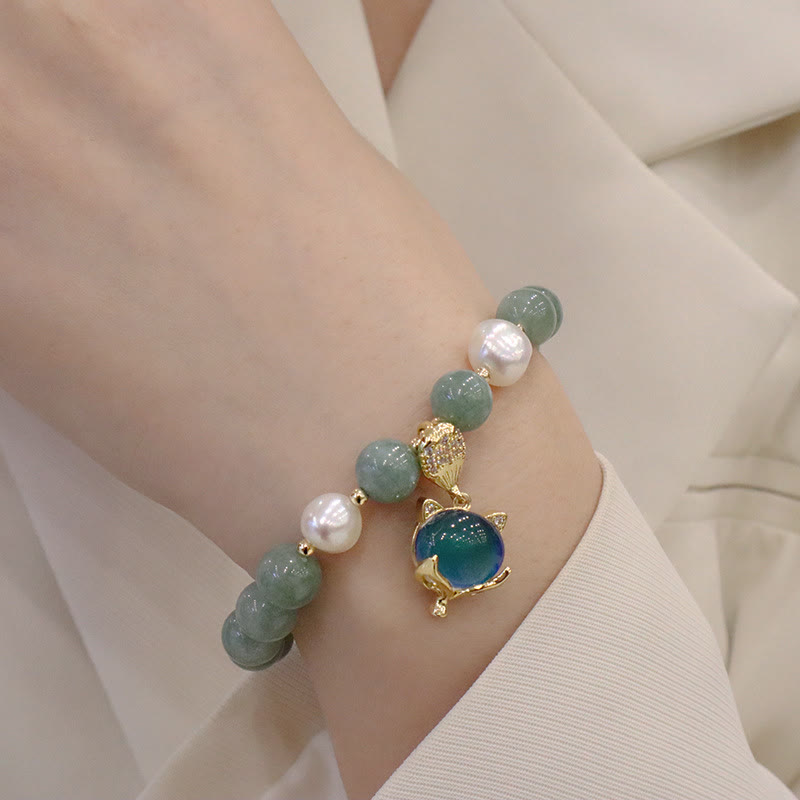 Braccialetto portafortuna con ciondolo volpe che cambia colore, perle di giada e Buddha Stones