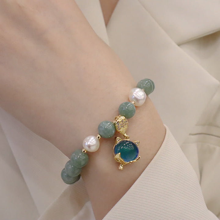 Braccialetto portafortuna con ciondolo volpe che cambia colore, perle di giada e Buddha Stones