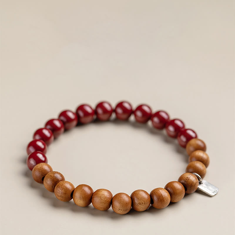 Bracciale Buddha Stones in argento sterling 925, legno di pesca, cinabro, allontana gli spiriti maligni