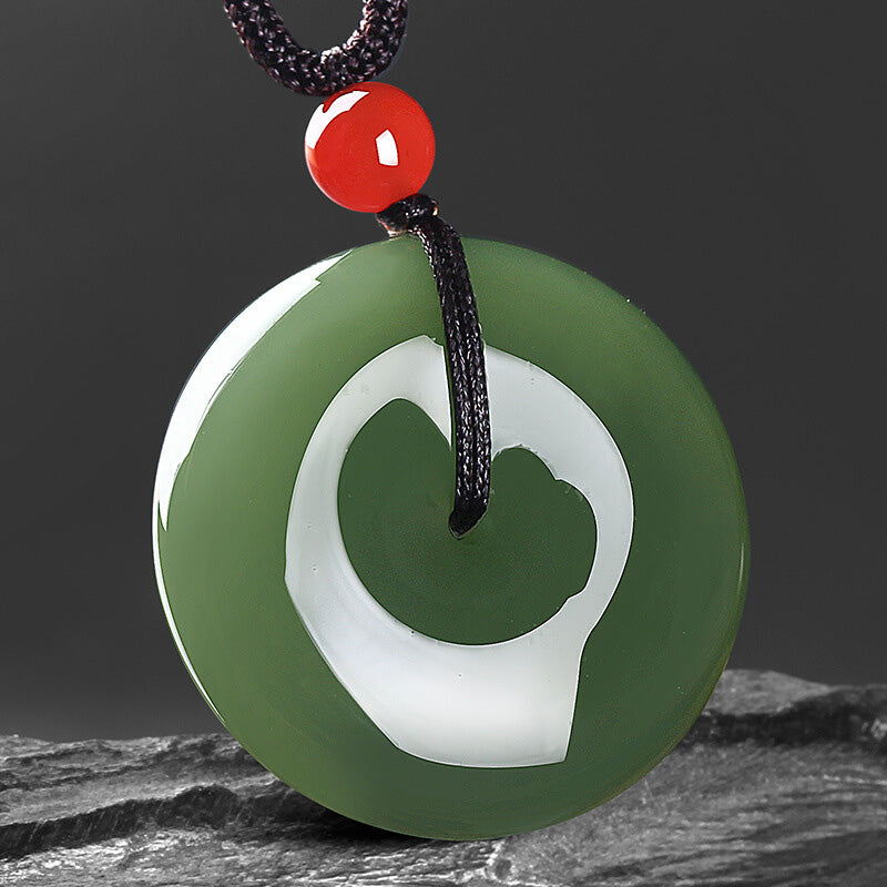 Collana con ciondolo a corda con fibbia della pace in giada rotonda naturale Buddha Stones