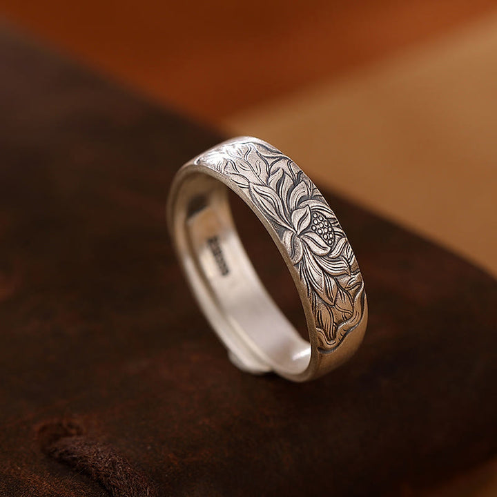Anello di illuminazione inciso con Buddha Stones in argento sterling 999, fiore di loto, fiore di prugna, nuvole di buon auspicio